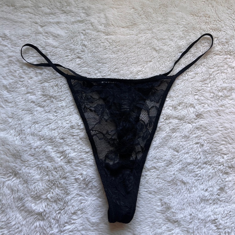 Skims Women's Floral Lace V-Front Thong Onyx Black Size 2X RN 158973 NWOT